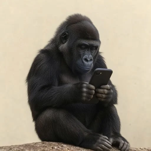 A gorilla sitting on a rock, hunched over, staring at a smartphone